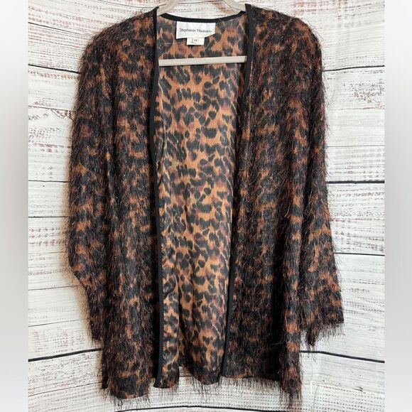 Vintage Stephanie Thomas cardigan Womens sz 14 Animal print metallic fuzzy New - Picture 2 of 14